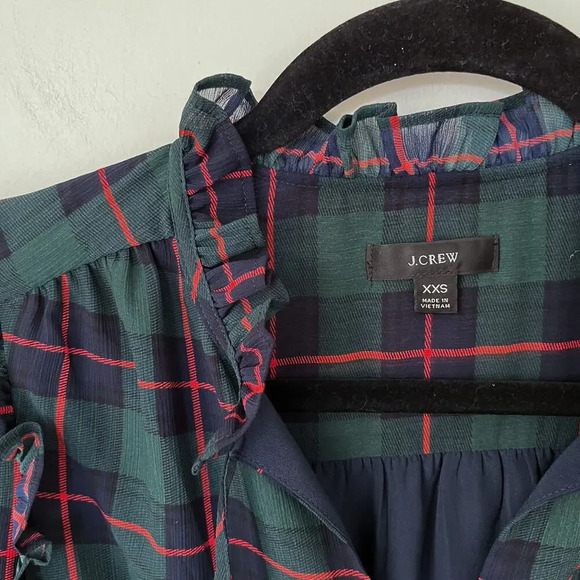 J.Crew Tie-Neck Tiered Dress Black Watch Tartan Plaid XXS Red Green Holiday - Picture 3 of 12